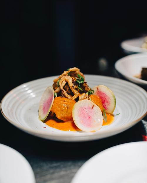 A plate of vibrant dish featuring sauce, garnished with radish slices and crispy toppings, served on a white dish.