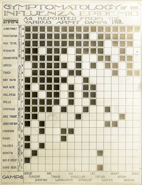 A chart detailing symptoms of the 1918 influenza epidemic across various army camps, with symptom frequency indicated.