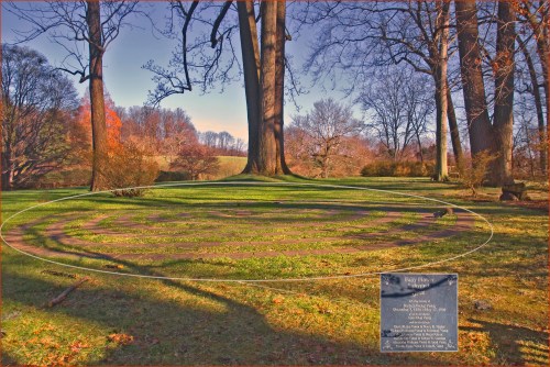 A serene outdoor labyrinth surrounded by trees, with a plaque detailing its significance in the foreground.