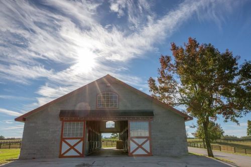 A spacious barn with a bright sky and sun overhead, surrounded by green fields and trees.
