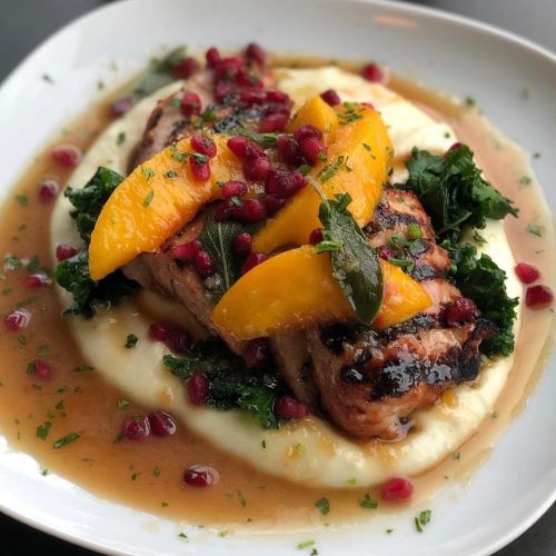 Grilled chicken atop creamy mashed potatoes, garnished with kale, peaches, pomegranate seeds, and a savory sauce.