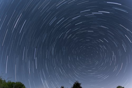 Star trails create circular patterns in a night sky, with dark silhouettes of trees at the bottom.