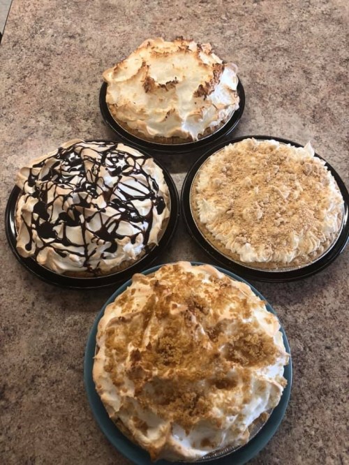 Four delicious pies on a countertop: chocolate, coconut cream, and two others topped with meringue and crumbs.