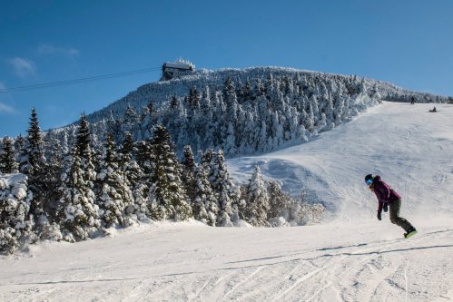 A skier glides down a snowy slope with a mountain and ski lift in the background, surrounded by frosted trees.