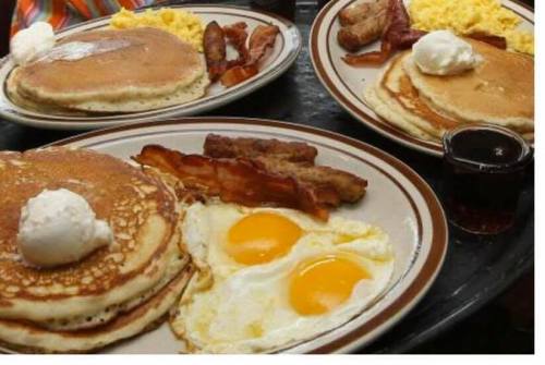 Three plates of breakfast featuring pancakes, bacon, sausage, scrambled eggs, and whipped cream.