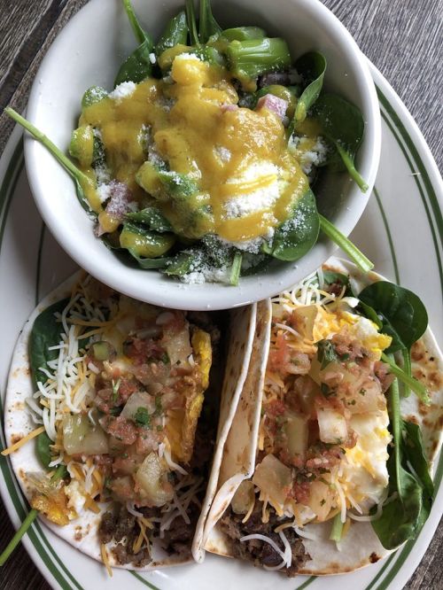 Two tacos filled with cheese, eggs, and salsa, served with a side salad topped with mango dressing.