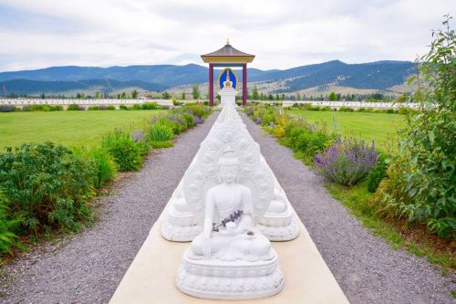 A serene pathway lined with white Buddha statues, leading to a colorful temple against a backdrop of mountains and greenery.