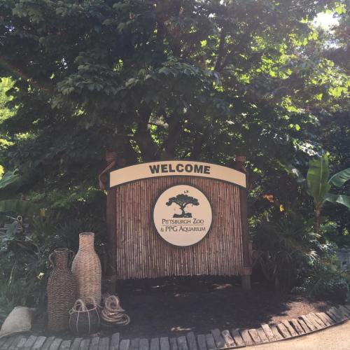 Welcome sign for Pittsburgh Zoo & PPG Aquarium, surrounded by greenery and decorative baskets.