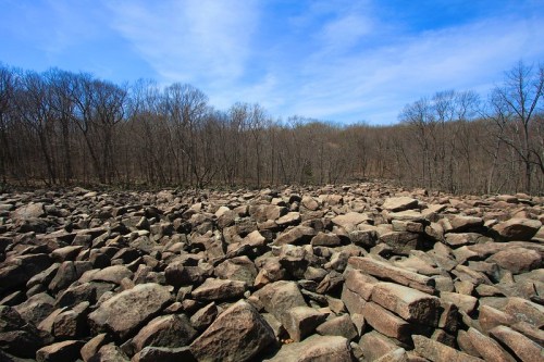 A rocky landscape with scattered boulders and bare trees under a blue sky with wispy clouds.