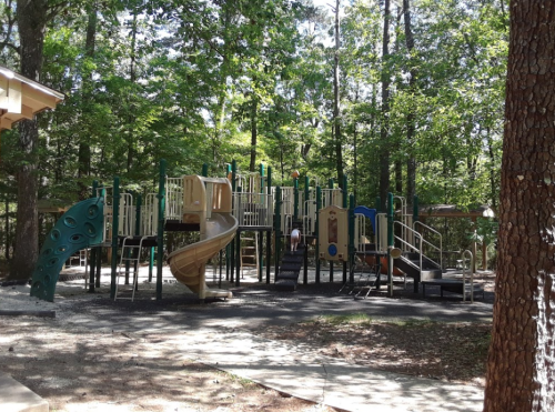 A playground with slides and climbing structures surrounded by trees in a sunny park setting.