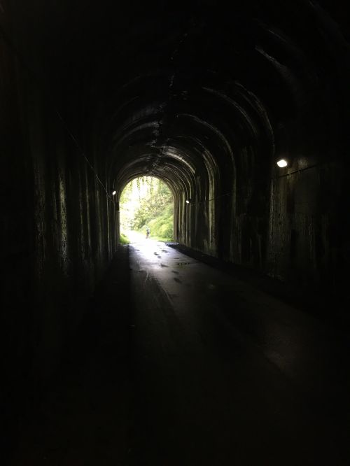 A dark tunnel with a lighted exit, leading to a bright, green landscape outside.
