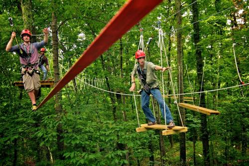 Two people in helmets navigate a zip line course among trees, balancing on wooden platforms in a lush forest.