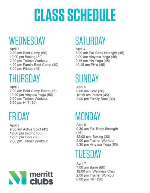Class schedule for Merritt Clubs, detailing daily workouts and times from April 3 to April 9.