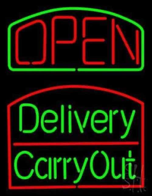 Neon sign displaying "OPEN" in red, with "Delivery" and "Carry Out" in green below.