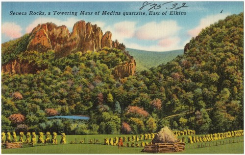 Vintage postcard depicting Seneca Rocks, featuring towering cliffs, lush greenery, and a field with a haystack.