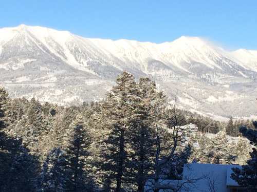 Snow-covered mountains rise against a clear blue sky, framed by evergreen trees in a winter landscape.