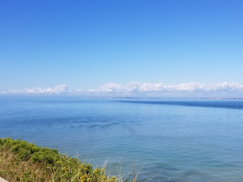 A serene view of calm blue waters under a clear sky with scattered clouds and green foliage in the foreground.