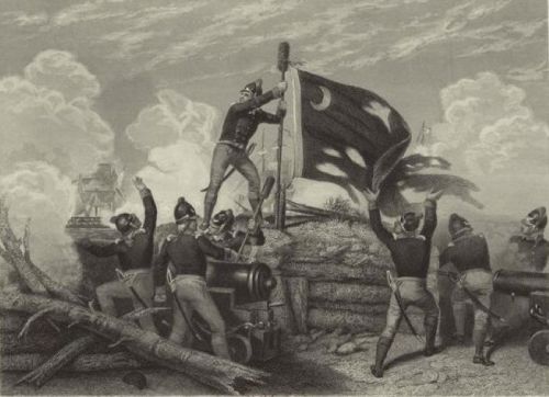 Soldiers raising a flag at a fort, with cannons and a dramatic sky in the background.