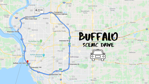 Map showing a scenic drive route around Buffalo, NY, with key landmarks and a car icon.