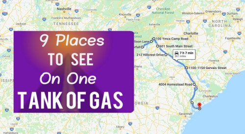 Map highlighting a route with text: "9 Places to See on One Tank of Gas," showing travel time and distance.