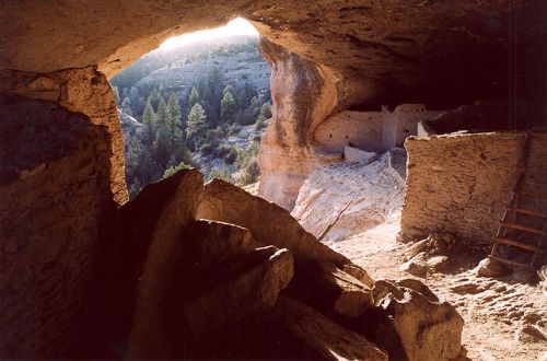View from a cave entrance, revealing rocky terrain and ancient stone structures surrounded by trees and sunlight.