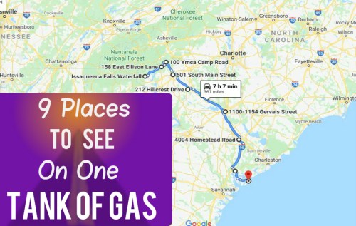 Map showing a route from Savannah, Georgia, to various attractions, with text highlighting "9 Places to See on One Tank of Gas."
