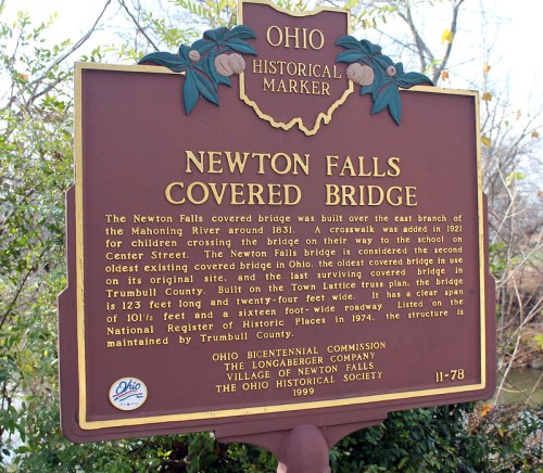 Historical marker for Newton Falls Covered Bridge, detailing its history and significance in Trumbull County, Ohio.