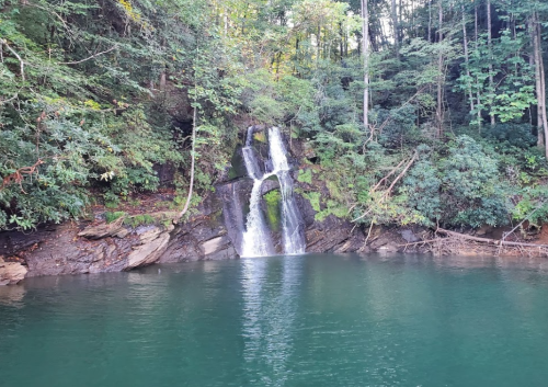A serene waterfall cascades into a calm, greenish-blue pool, surrounded by lush trees and rocky terrain.