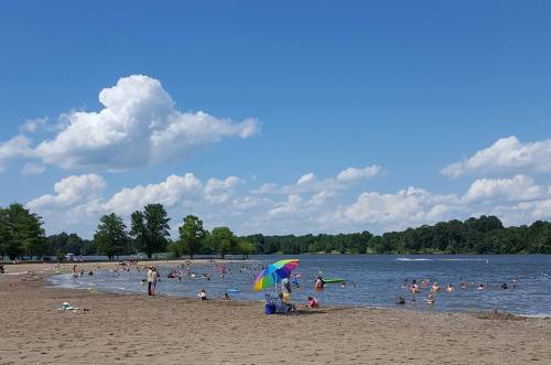 A sunny beach scene with people swimming and relaxing under colorful umbrellas by a calm lake and fluffy clouds.