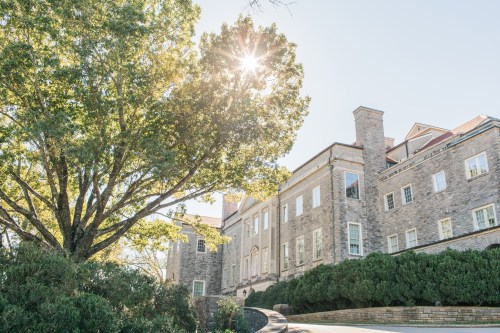 A sunburst shines through a large tree beside a stone building, surrounded by lush greenery on a clear day.