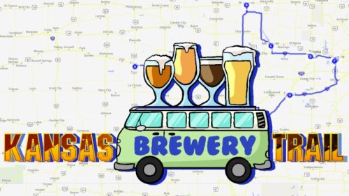 Illustration of a van with beer glasses on top, labeled "Kansas Brewery Trail," over a map of Kansas.