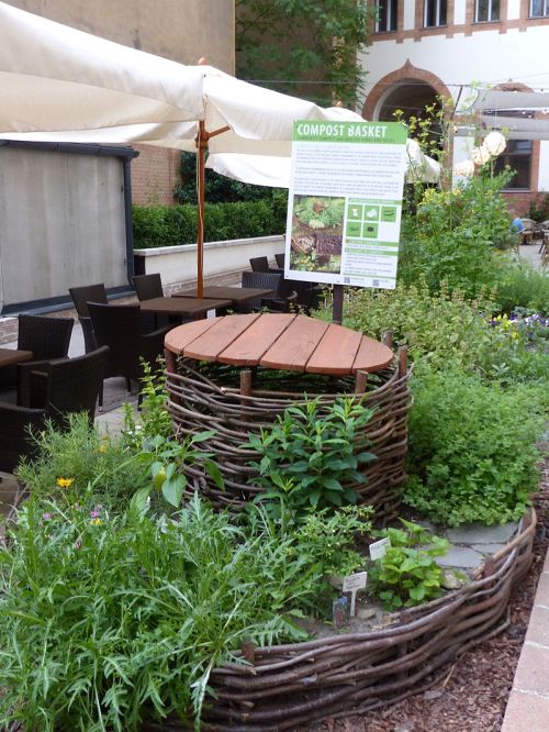 A circular compost basket surrounded by lush greenery, with a sign explaining composting, in a garden setting.