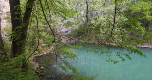 A serene turquoise pond surrounded by lush green trees and rocky cliffs, with a gentle waterfall in the background.