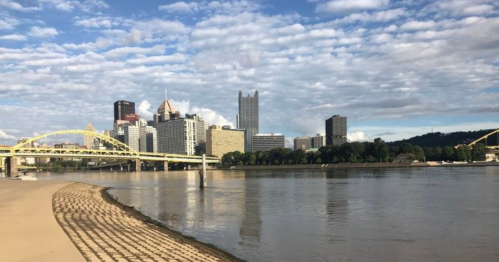 City skyline of Pittsburgh with a yellow bridge over a river, under a partly cloudy sky.