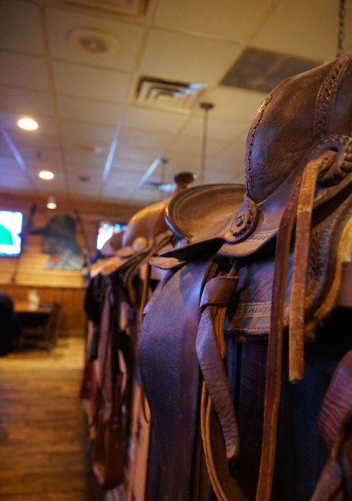 Close-up of leather saddles hanging in a rustic interior, with wooden floors and dim lighting in the background.