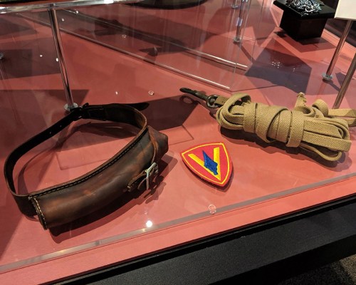 A leather belt, a coiled rope, and a military patch with a blue and yellow design displayed in a glass case.