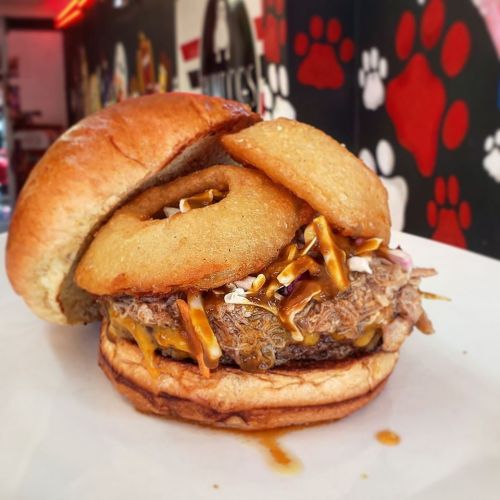 A close-up of a hearty burger topped with onion rings, cheese, and pulled pork, served on a toasted bun.