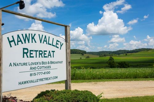 Sign for Hawk Valley Retreat, a bed and breakfast, with lush green fields and a blue sky in the background.