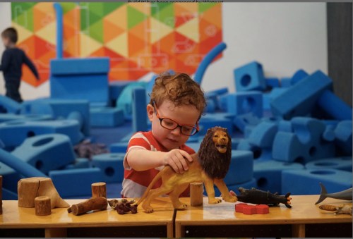 A child with glasses plays with a lion toy at a colorful indoor play area filled with foam blocks.