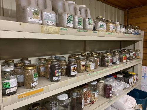 Shelves filled with jars of seeds and herbs, labeled with names and prices, in a rustic storage area.