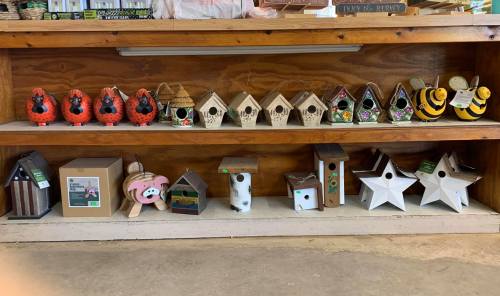 A wooden shelf displaying various decorative birdhouses and figurines in different colors and styles.