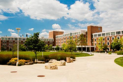 A sunny campus scene featuring a modern building, green grass, trees, and a pathway with stone seating.