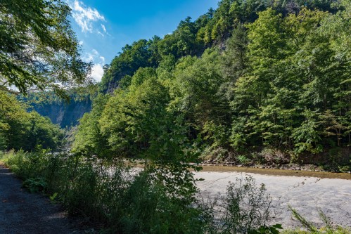 A serene river flows through a lush green landscape, flanked by steep cliffs and vibrant trees under a clear blue sky.