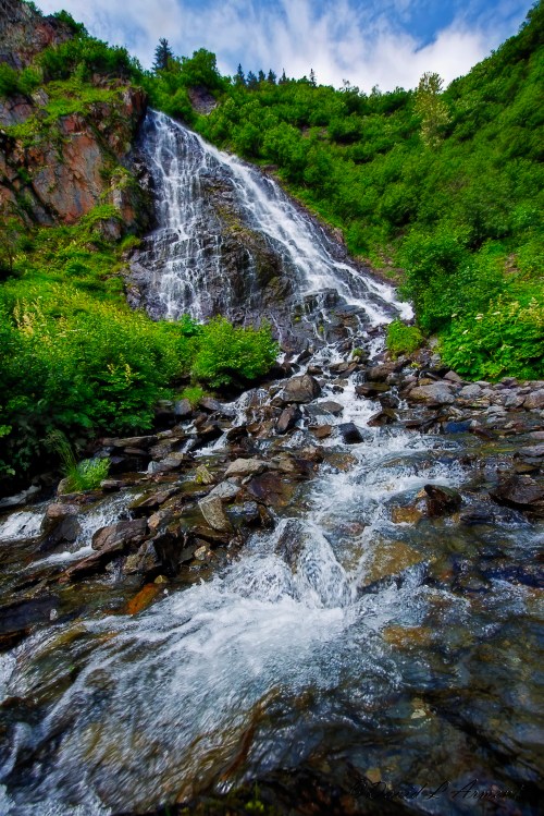 A cascading waterfall flows down rocky terrain, surrounded by lush green foliage and a blue sky.