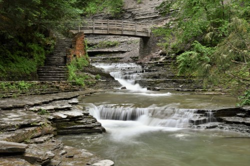 A serene landscape featuring a flowing stream, rocky banks, and a wooden bridge surrounded by lush greenery.