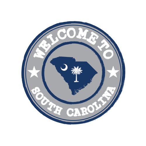 A circular stamp design featuring South Carolina's outline, a palm tree, and the text "Welcome to South Carolina."