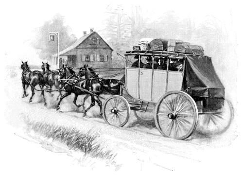 A vintage illustration of a horse-drawn carriage traveling on a road, with a house in the background.