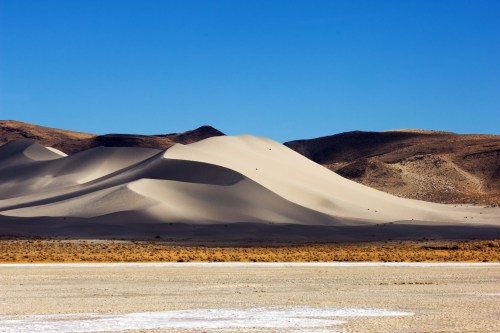 A vast desert landscape featuring rolling sand dunes under a clear blue sky.