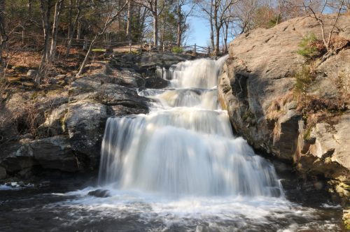 A serene waterfall cascading over rocky terrain, surrounded by trees and a clear blue sky.