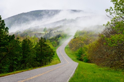 A winding road through lush green hills, partially shrouded in mist and fog, creating a serene, atmospheric scene.
